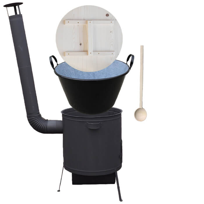 Zabijačkový smaltovaný kotel 100 L, žáruvzdorná kotlina 42 PLUS 600 4 MM, dřevěná poklice + vařečka